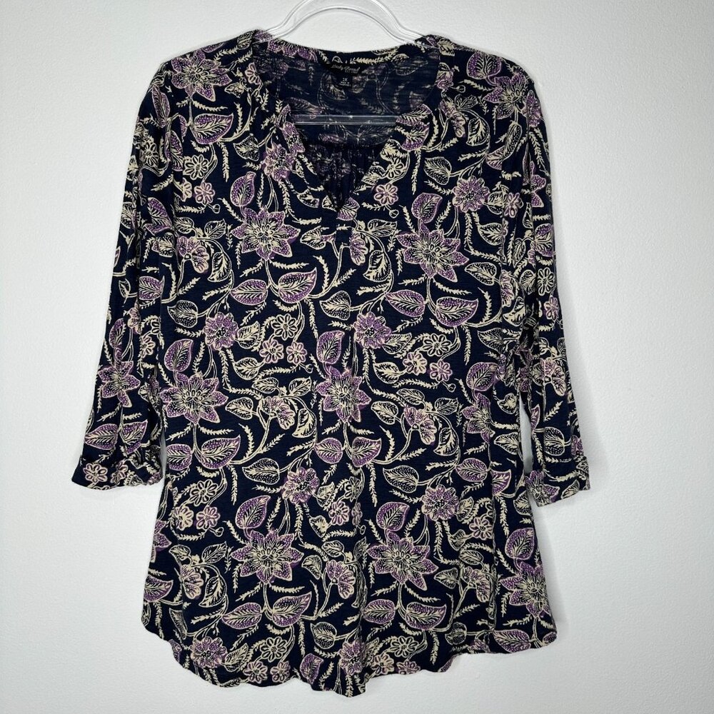 Lucky Brand Pullover Top‎ Sz 1X Blue Floral Print Cotton Modal 3/4 Sleeve